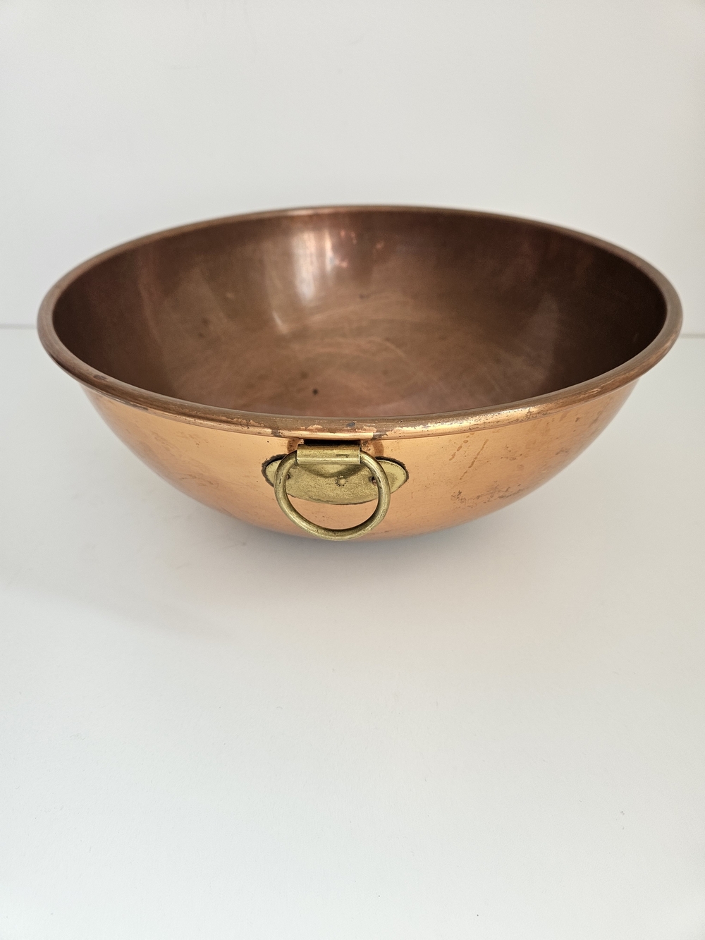 Vintage 10-Inch Solid Copper Round-Bottom Mixing Bowl- Brass Ring Handle
